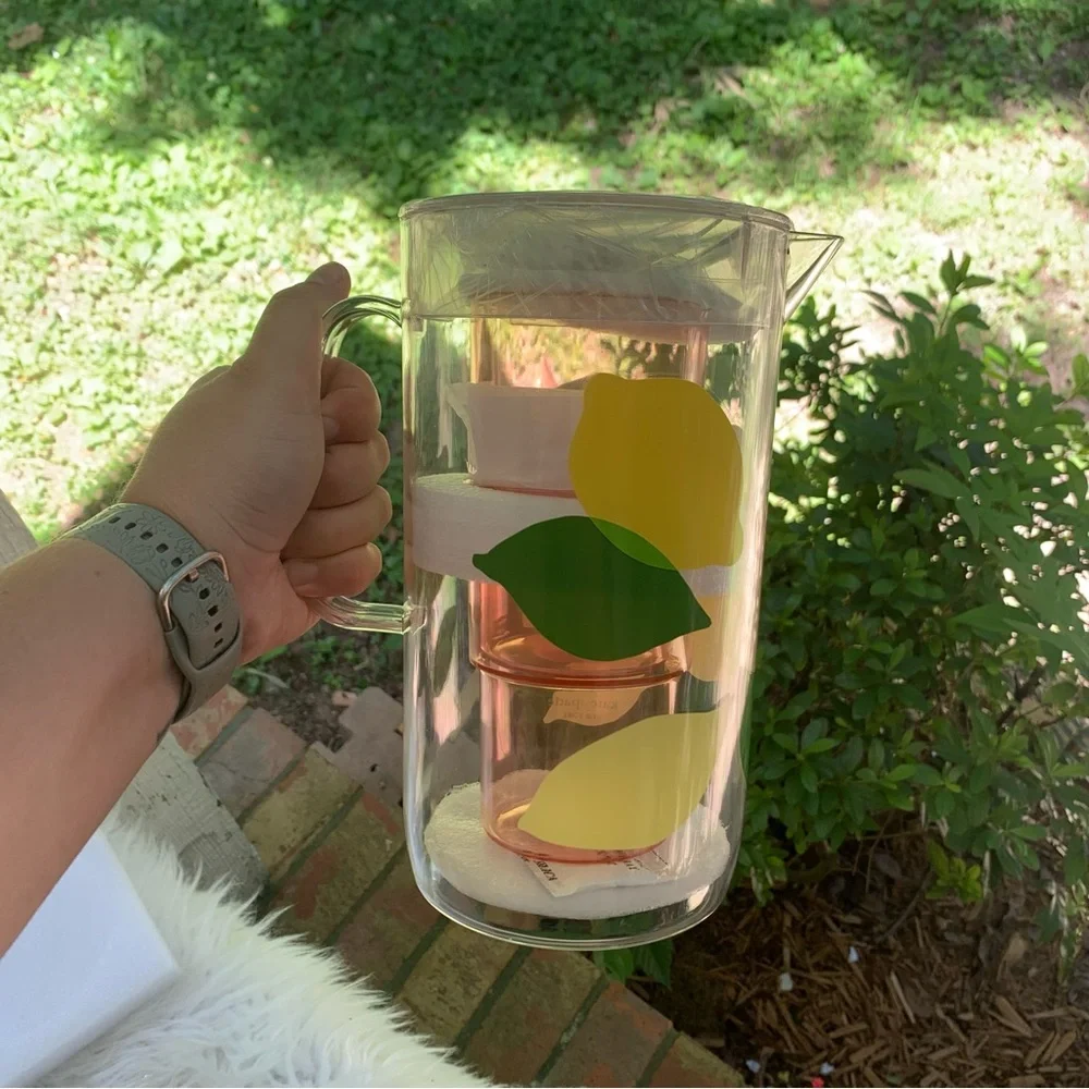 Kate Spade Lemon Pitcher 58 oz & 2 Stackable 12 oz Tumblers Acrylic Set